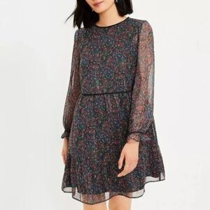 LOFT NWT Shimmer Paisley Velvet Trim Swing Dress M Black Long Sleeve Ruffle Cuff